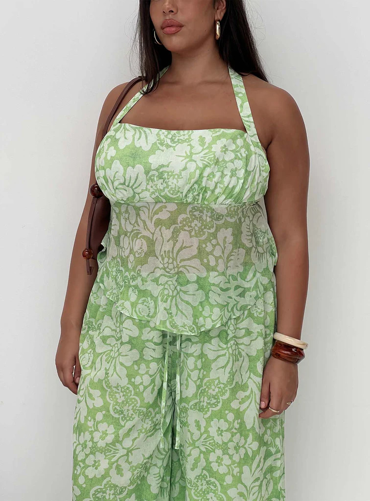 Finesse Halter Top Green Floral Curve | Princess Polly US