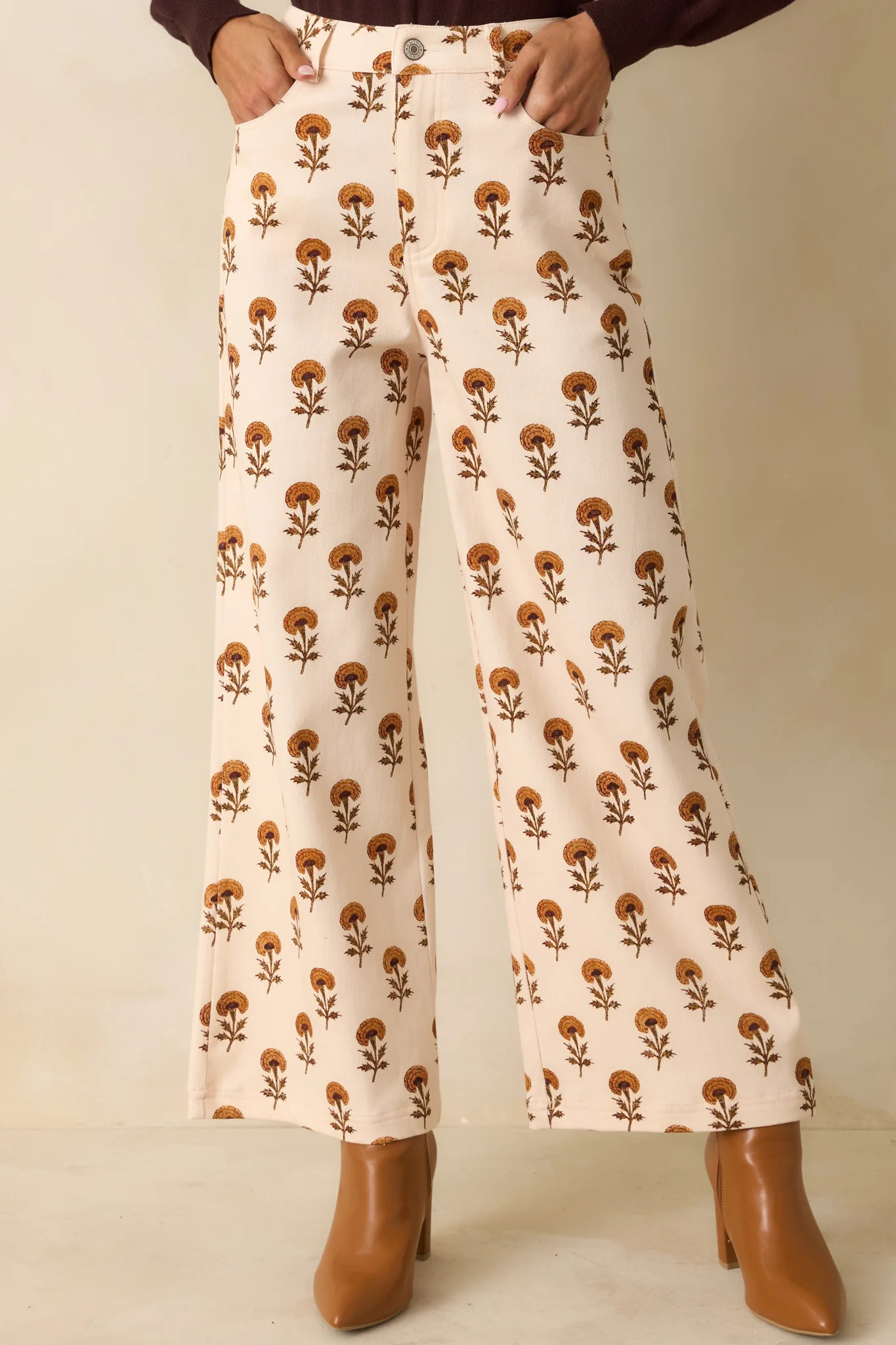 Marigold Muse Ivory Multi Floral Print Cotton Wide Leg Pants | Red Dress