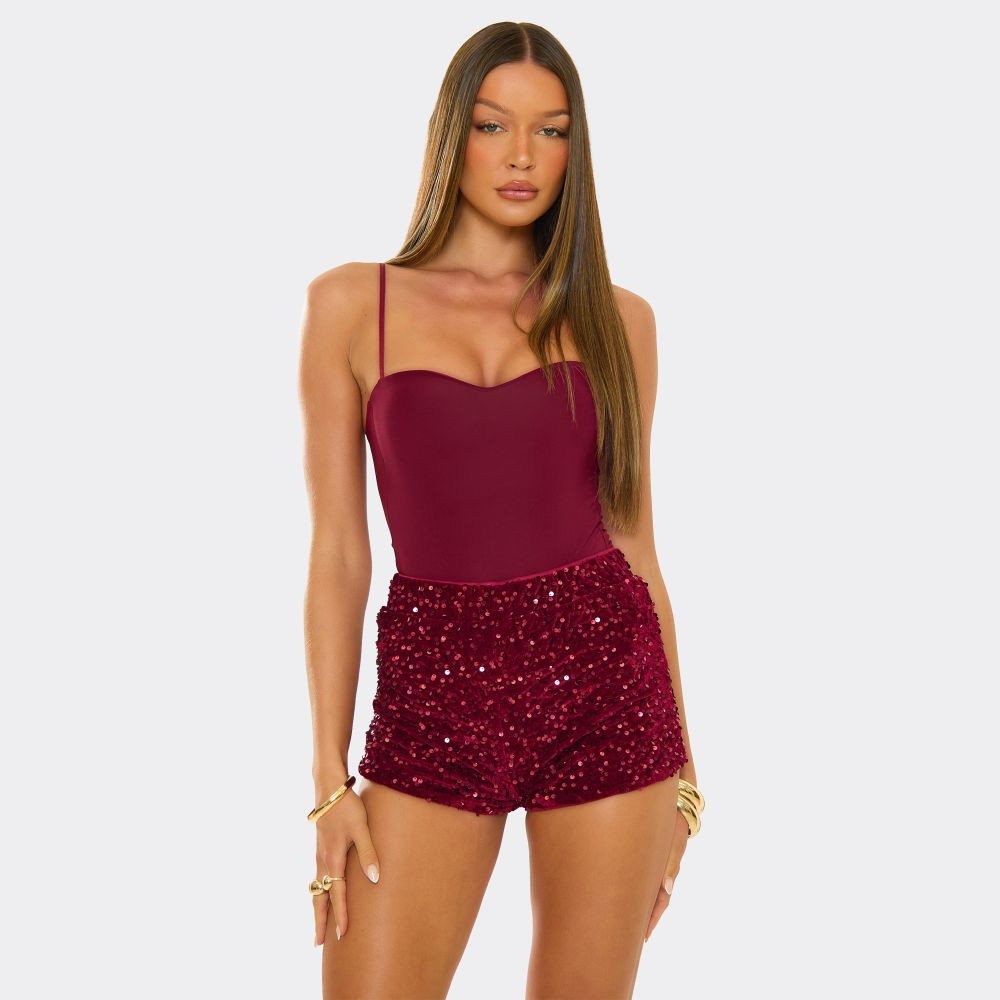 Low Waist Sequin Hot Pant Shorts In Burgundy Velvet | EGO (UK)
