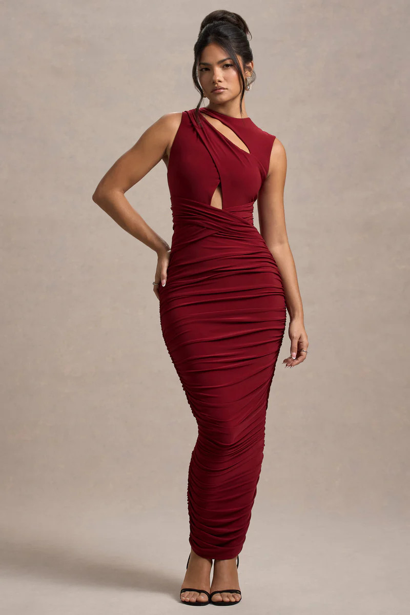 Aire | Wine Cut-Out Ruched Maxi Dress | Club L London