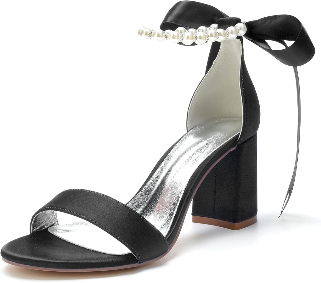 Chunky Block Heels for Women High Heel with Pearls Ankle Strap Wedding Shoes Open Toe Heels Dress... | Amazon (US)
