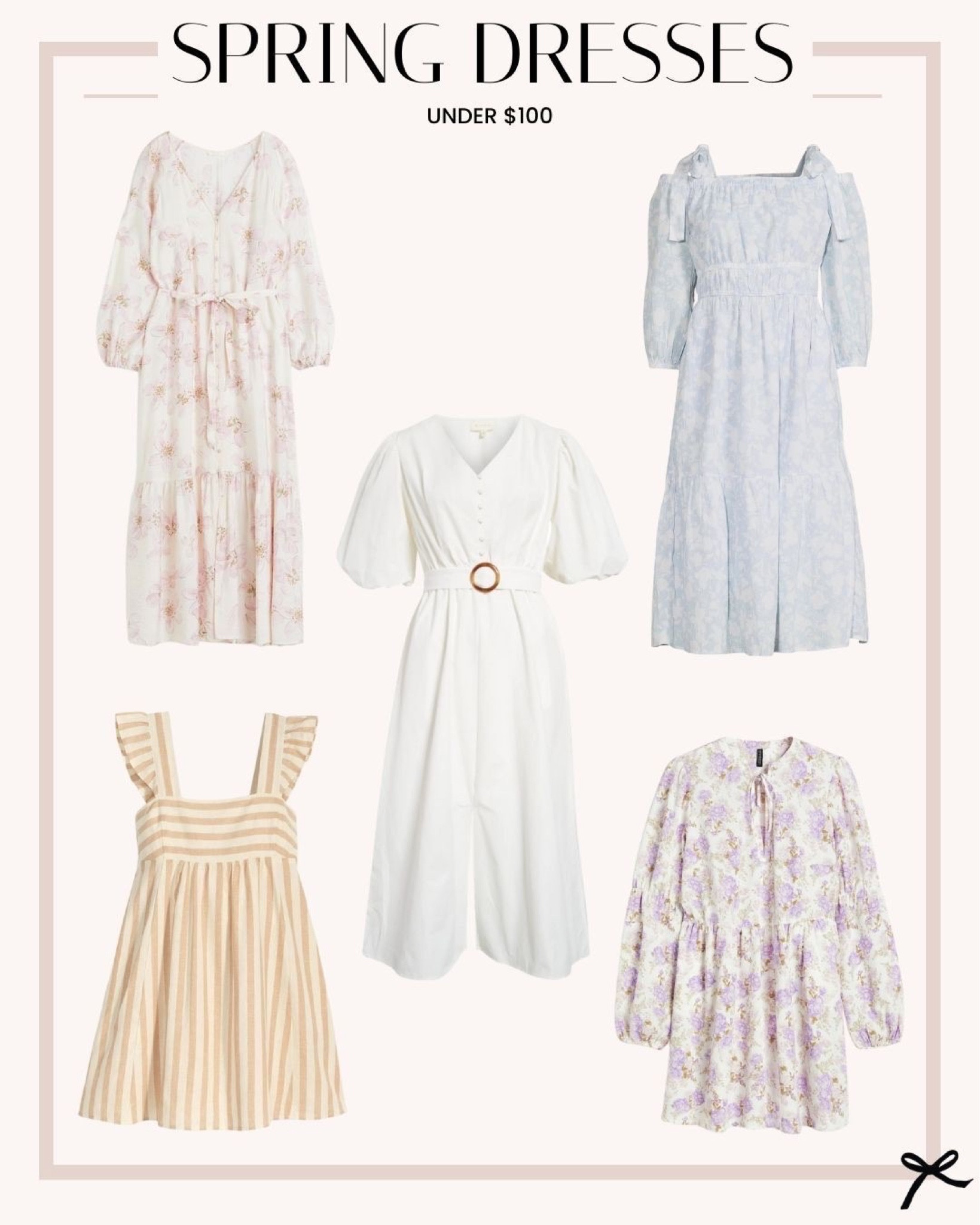 Must have spring dresses under $100! I'm loving this white belted dress and blue floral with bow details on the shoulder! 

#LTKunder100 #LTKSeasonal #LTKFind