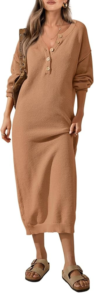 PRETTYGARDEN Women's 2023 Fall Knit Sweater Dress Long Sleeve Button V Neck Loose Casual Maxi Dresse | Amazon (US)