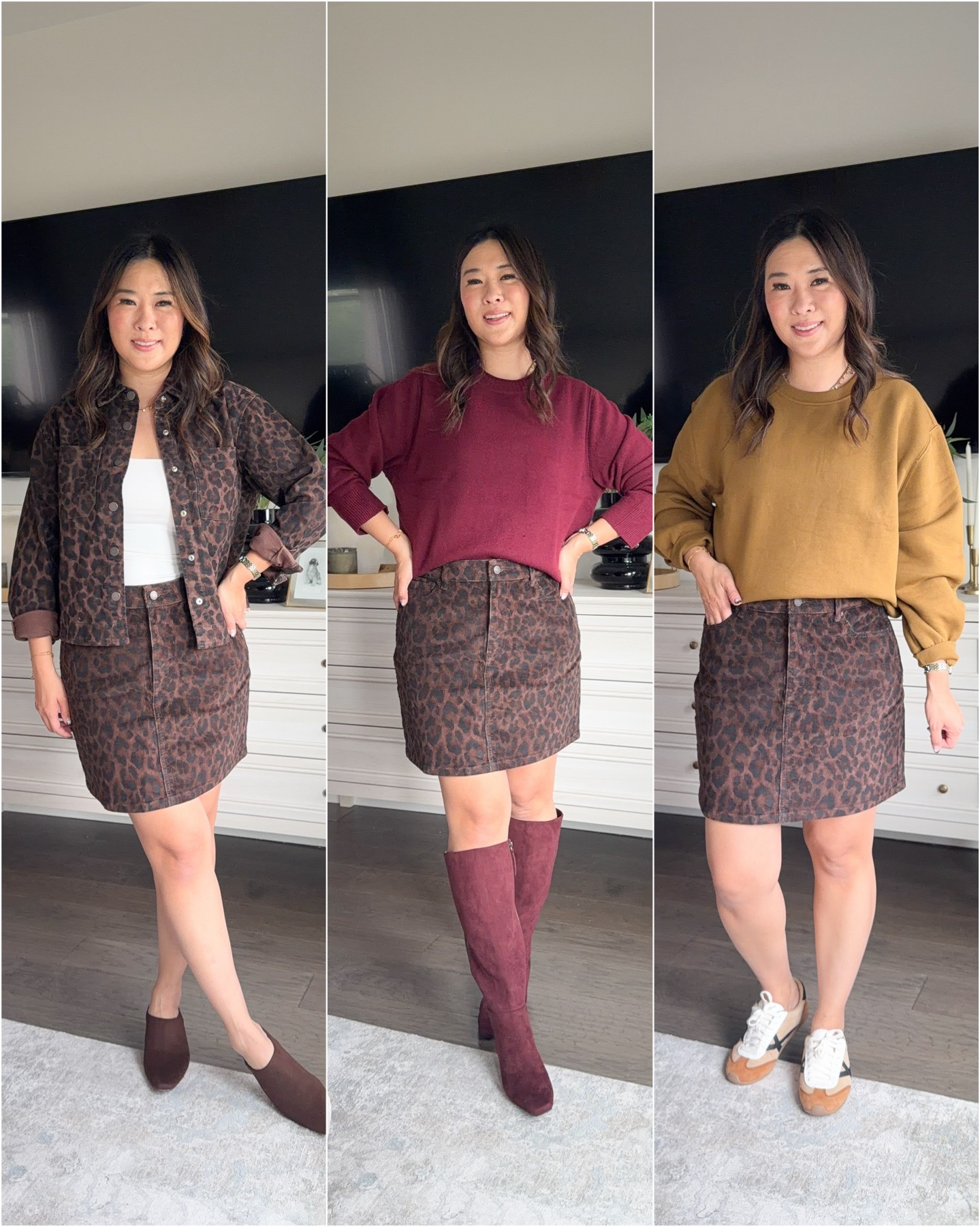 Walmart pre-fall fashion 

Leopard Jacket: Medium
Leopard Skirt: 8
Brown Crewneck Sweater: Medium
Maroon Crewneck: Large

#LTKootd #LTKSeasonal #LTKOver40