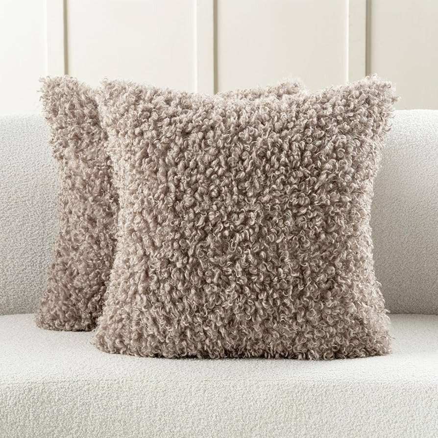 FUTEI Khaki Decorative Throw Pillow Covers 18x18 Inch Set of 2,Soft Fluffy Faux Wool Fur Boucle T... | Amazon (US)