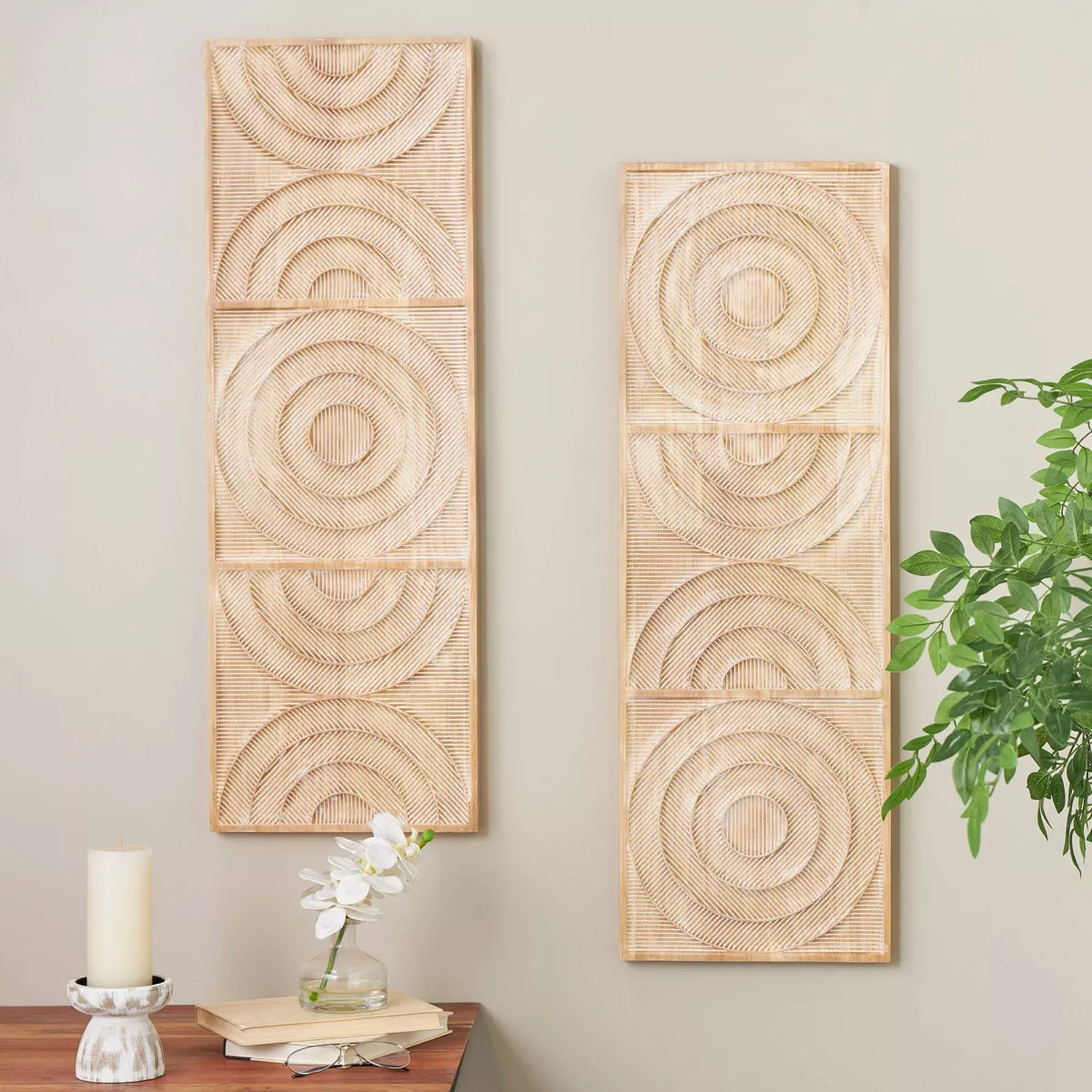 Olivia & May Set of 2 Wood Geometric Carved Panel Arch Wall Decors with White Linear Markings Lig... | Target