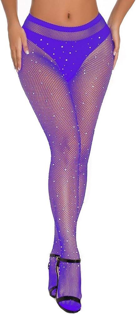 Fstrend Sparkly Rhinestones Fishnet Stockings Sexy Mesh Thigh High Stockings Black High Waisted L... | Amazon (US)