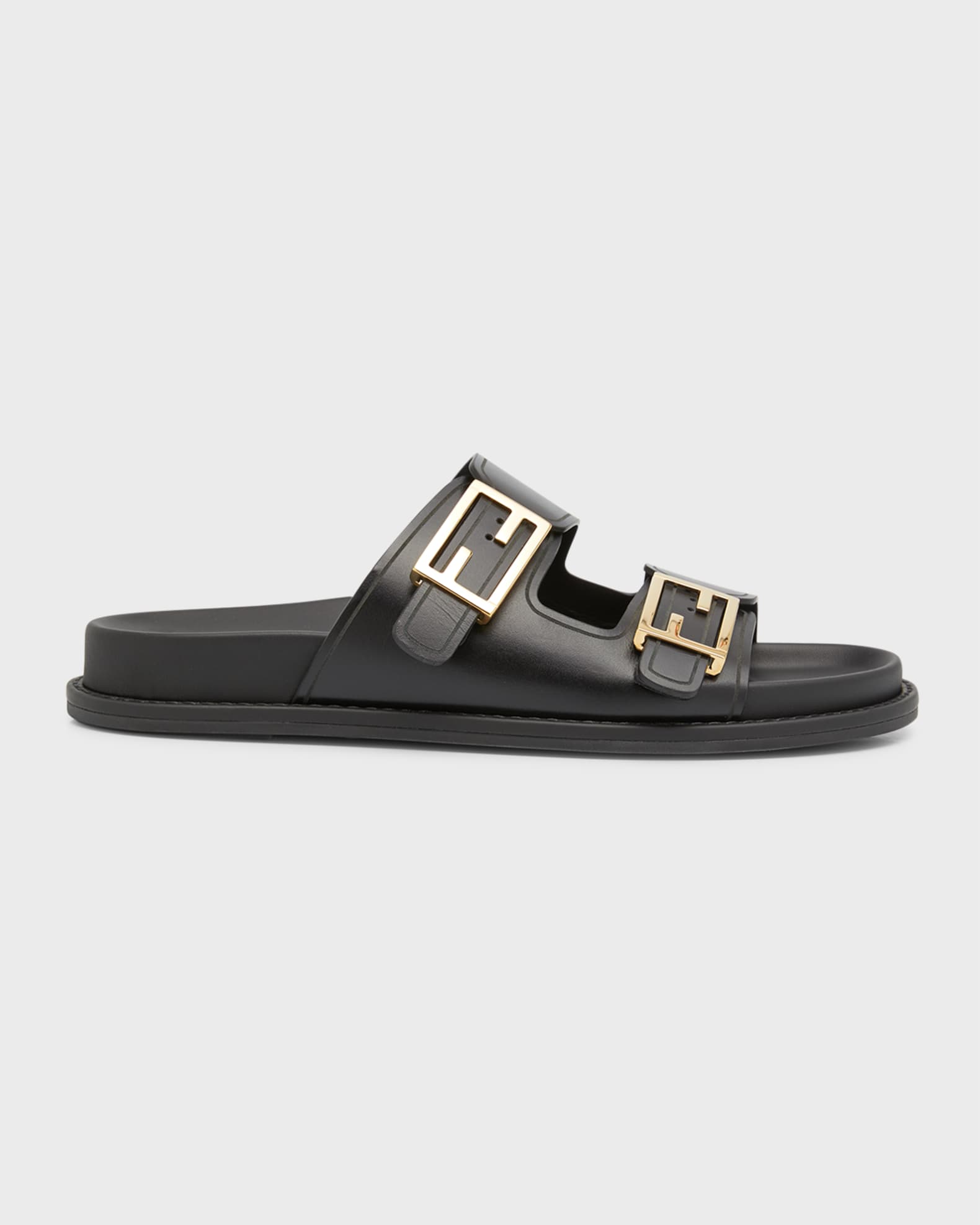 F Buckle Leather Slide Sandals | Neiman Marcus
