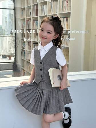 SHEIN Young Girl Woven Solid Color Short Vest & Pleated Skirt Set | SHEIN
