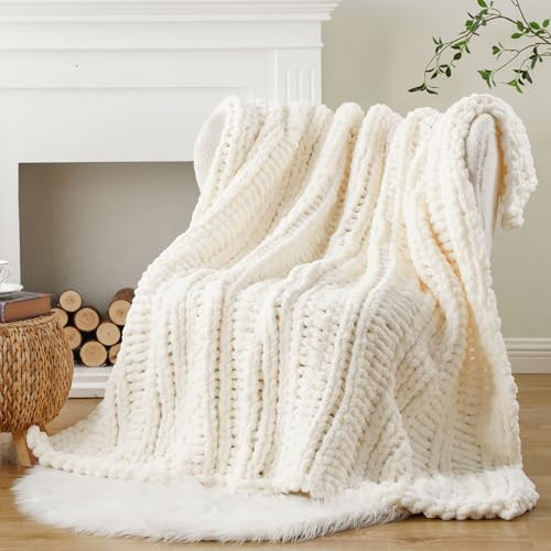 Battilo Chunky Knit Throw Blanket for Couch, 50"x60", White Cream | Amazon (US)