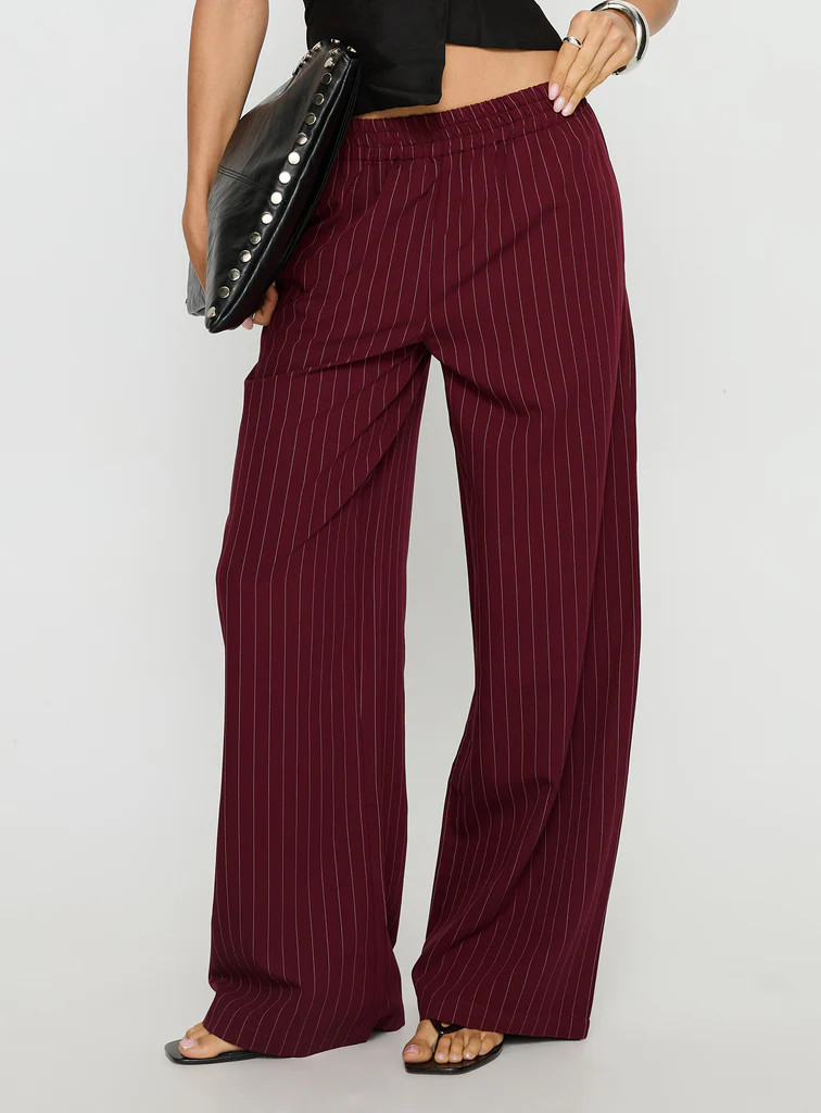 Jaysa Baggy Wide Leg Pant Burgundy Pinstripe | Princess Polly US