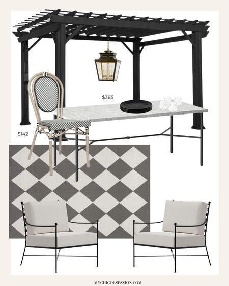 Chic black and white outdoor furniture set up. With a pergola, checkered outdoor rug, melamine dinnerware, faux marble outdoor table, bistro chairs, and more, this set up is perfect for entertaining!

#LTKHome #LTKSeasonal