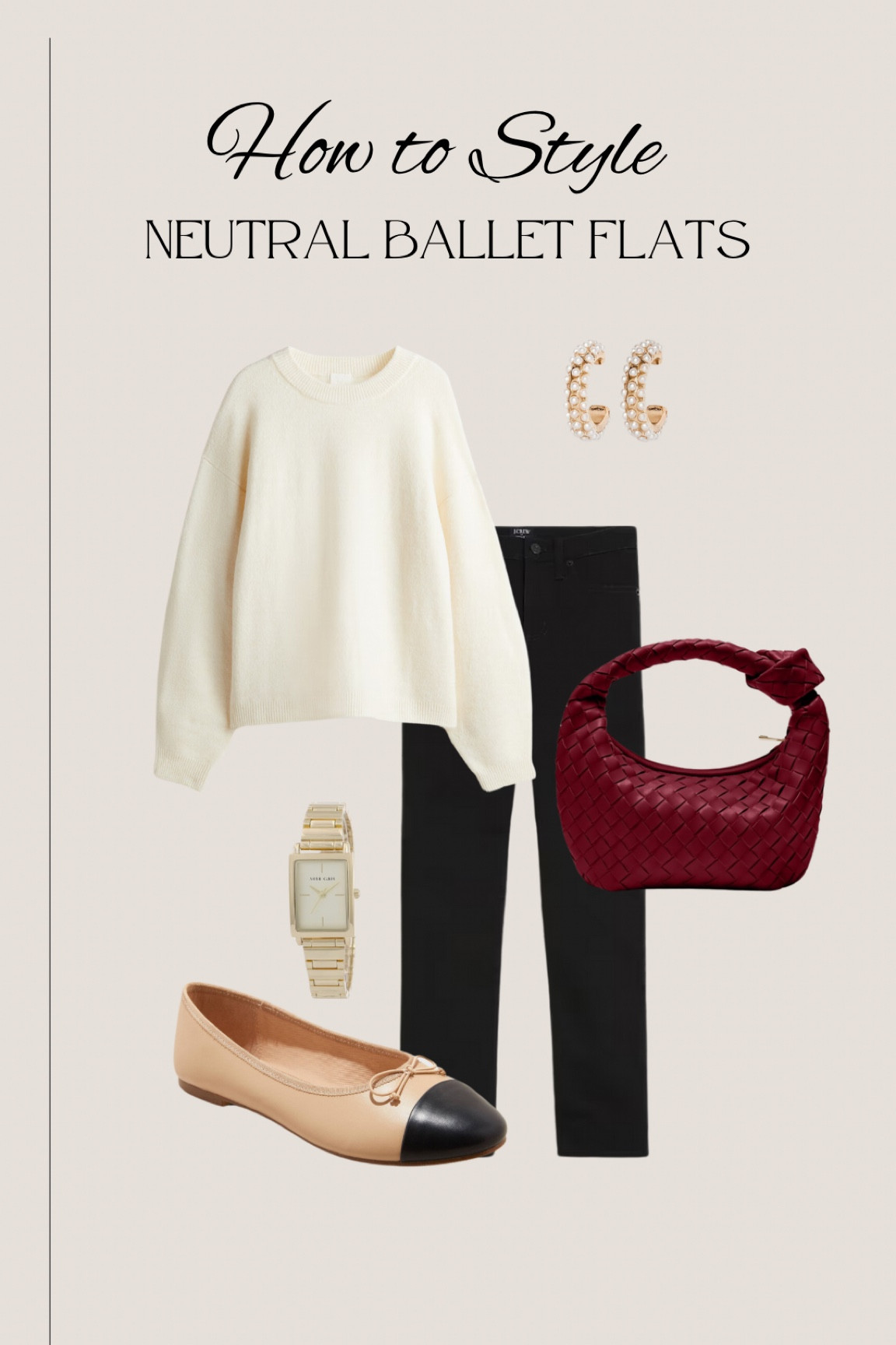 How to style neutral ballet flats// white sweater, black jeans + burgundy bag 

#LTKMidsize #LTKStyleTip #LTKShoeCrush