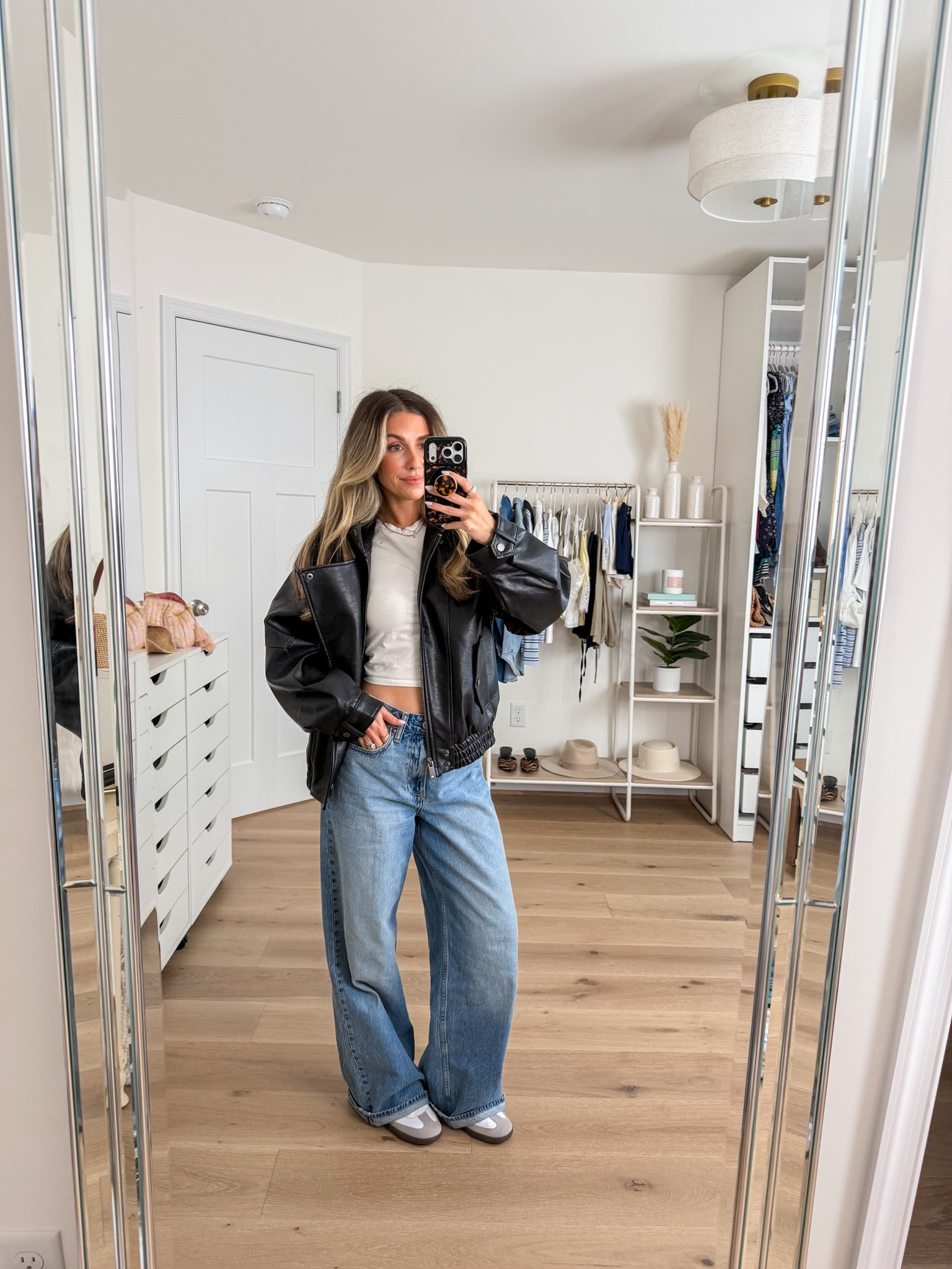 Abercrombie jeans I’m loving as a 5’2  petite girly! All on sale! Code DENIMAF stacks! 
+ black moto jacket: xxs
+ top: xs
+ high rise wide leg jeans: 24 reg in curve love 
+ adidas sambas: size 5.5 — I size down a full size

#LTKootd #LTKPetite #LTKSaleAlert