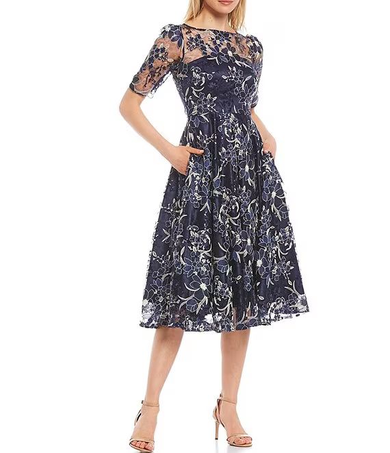 Illusion Boat Neck Short Sleeve Embroidered Floral Lace Midi Dress | Dillard's