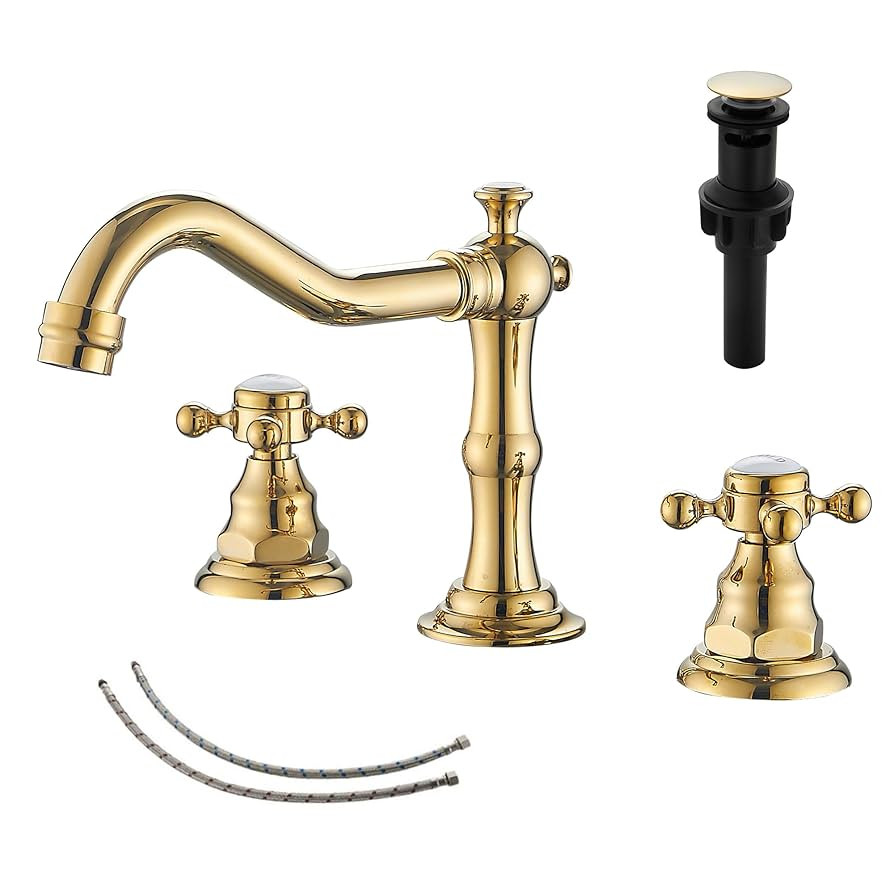 GGStudy 2 Handles 3 Holes Faucet Widespread Bathroom Sink Faucet Polished Gold Basin Tap Mixer Su... | Amazon (US)