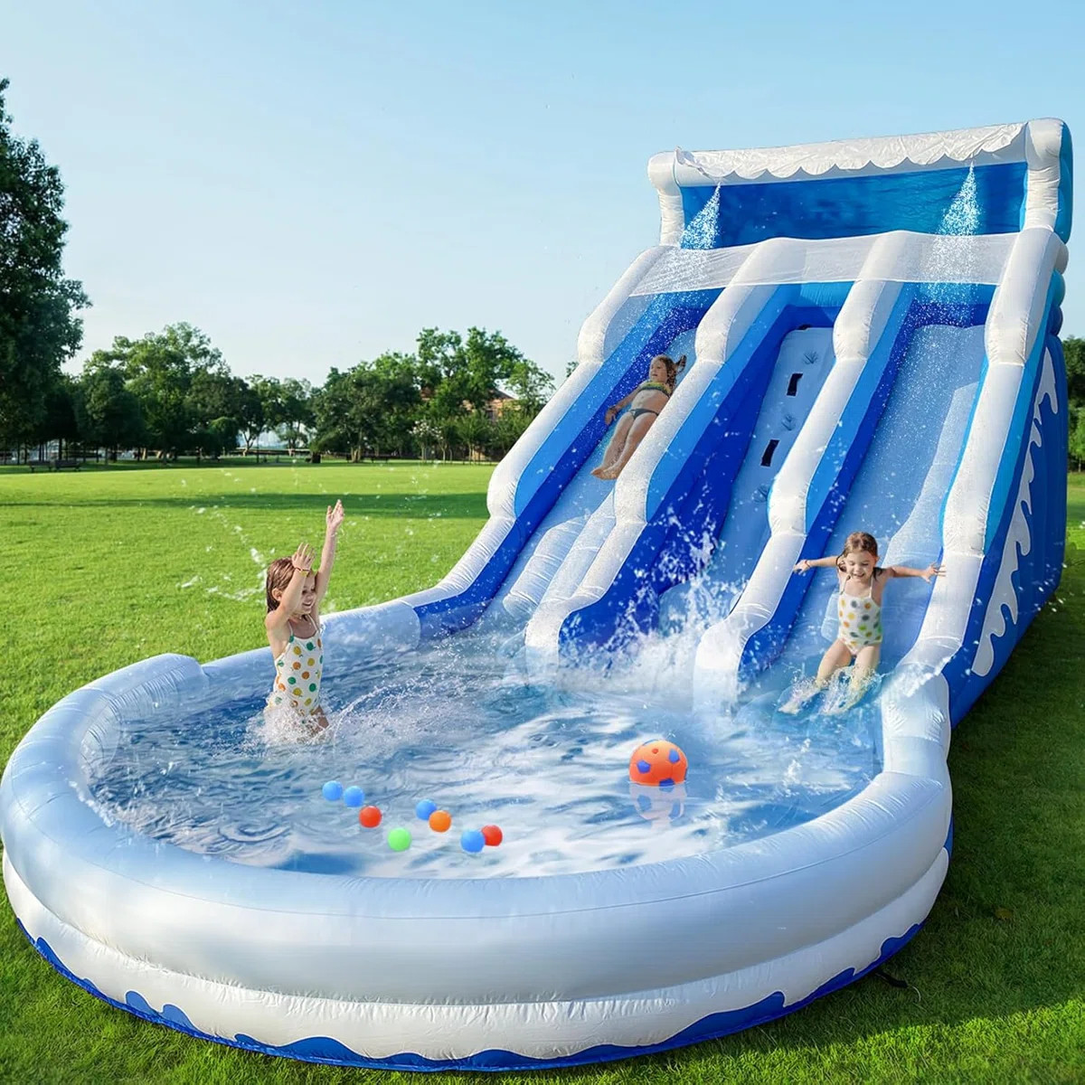 Large Inflatable Water Slide With Splash Pool & Air Blower For Kids Backyard Fun(blue) | Wayfair North America