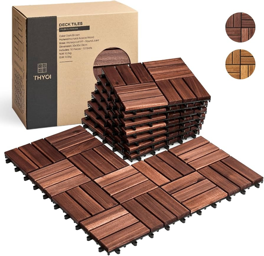 10 Pcs Interlocking Deck Tiles 12" x 12", Patio Flooring Outdoor Waterproof, Acacia Wood Tiles Al... | Amazon (US)