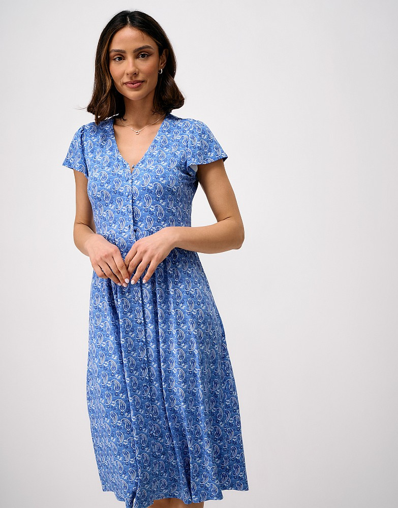 Alyssia Button Through Paisley Jersey Dress in Blue | Crew Clothing (UK)