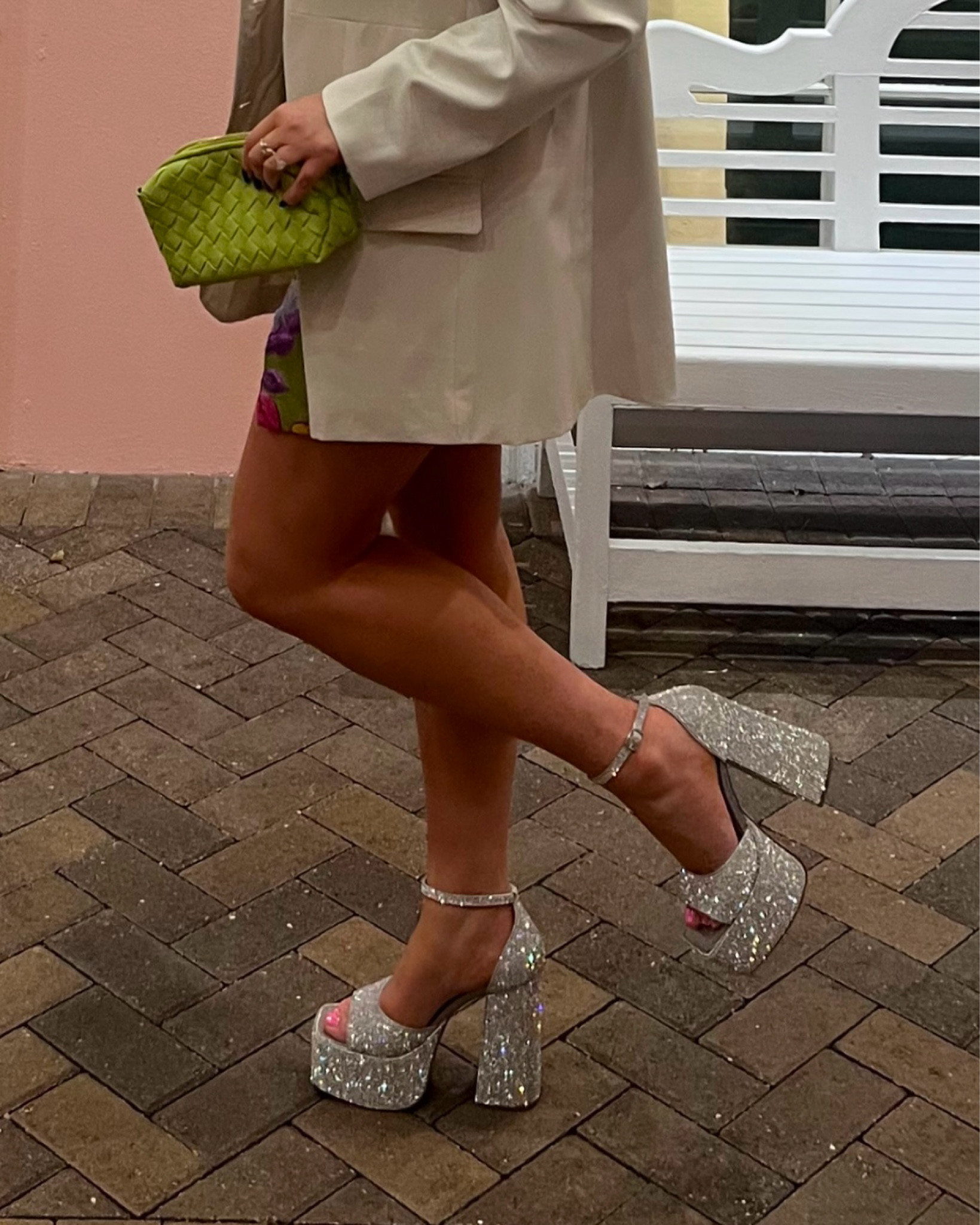 Blazer, tank and skirt all size large! Tts. Skirt is a little bit but I didn’t want the buttons to pull. Amazon bag!! Linked similar platform sparkly heels 