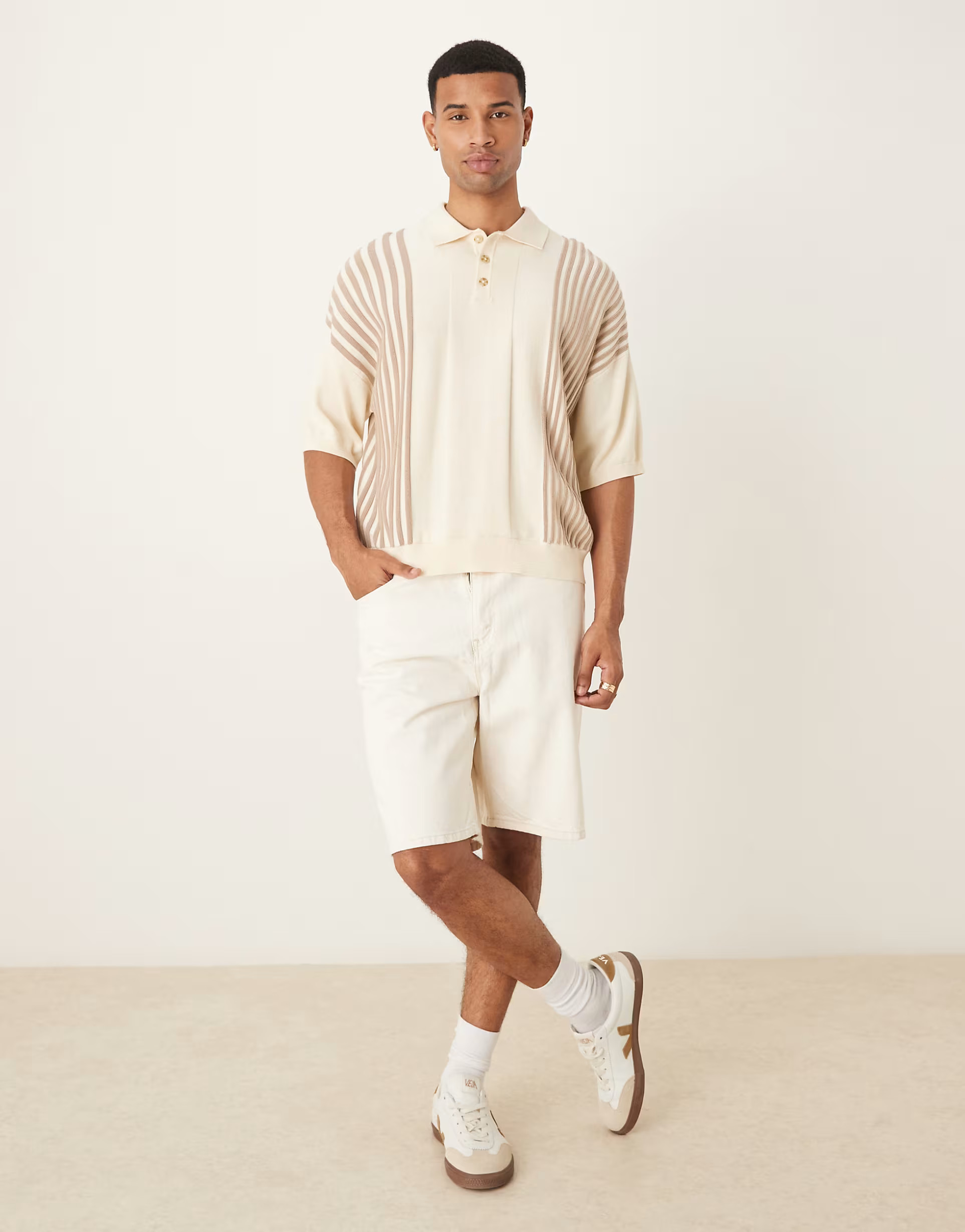 ASOS DESIGN oversized boxy fit knitted polo with contrast stripes in ecru | ASOS | ASOS (Global)