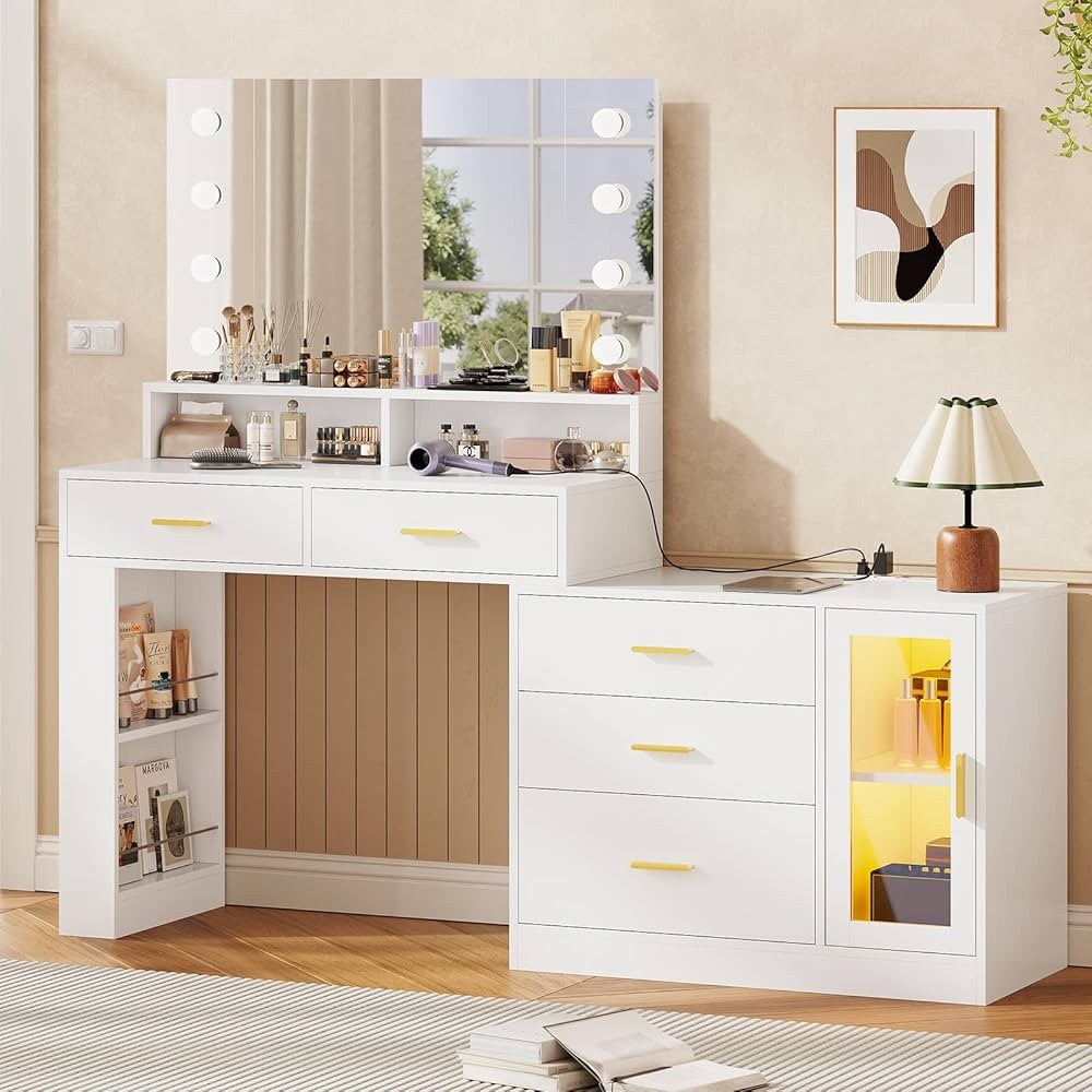 VIAGDO Vanity Desk with Large Lighted Mirror & Power Outlet, Makeup Vanity with 3-Color Lights, W... | Amazon (US)