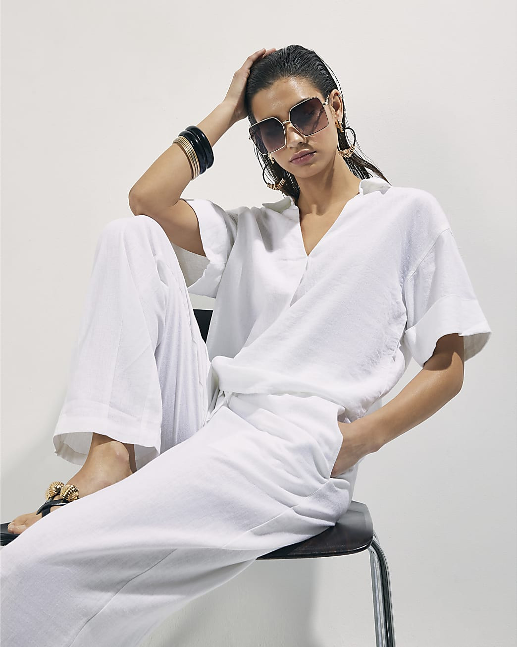 White Linen Blend Short Sleeve Shirt | River Island UK & IE