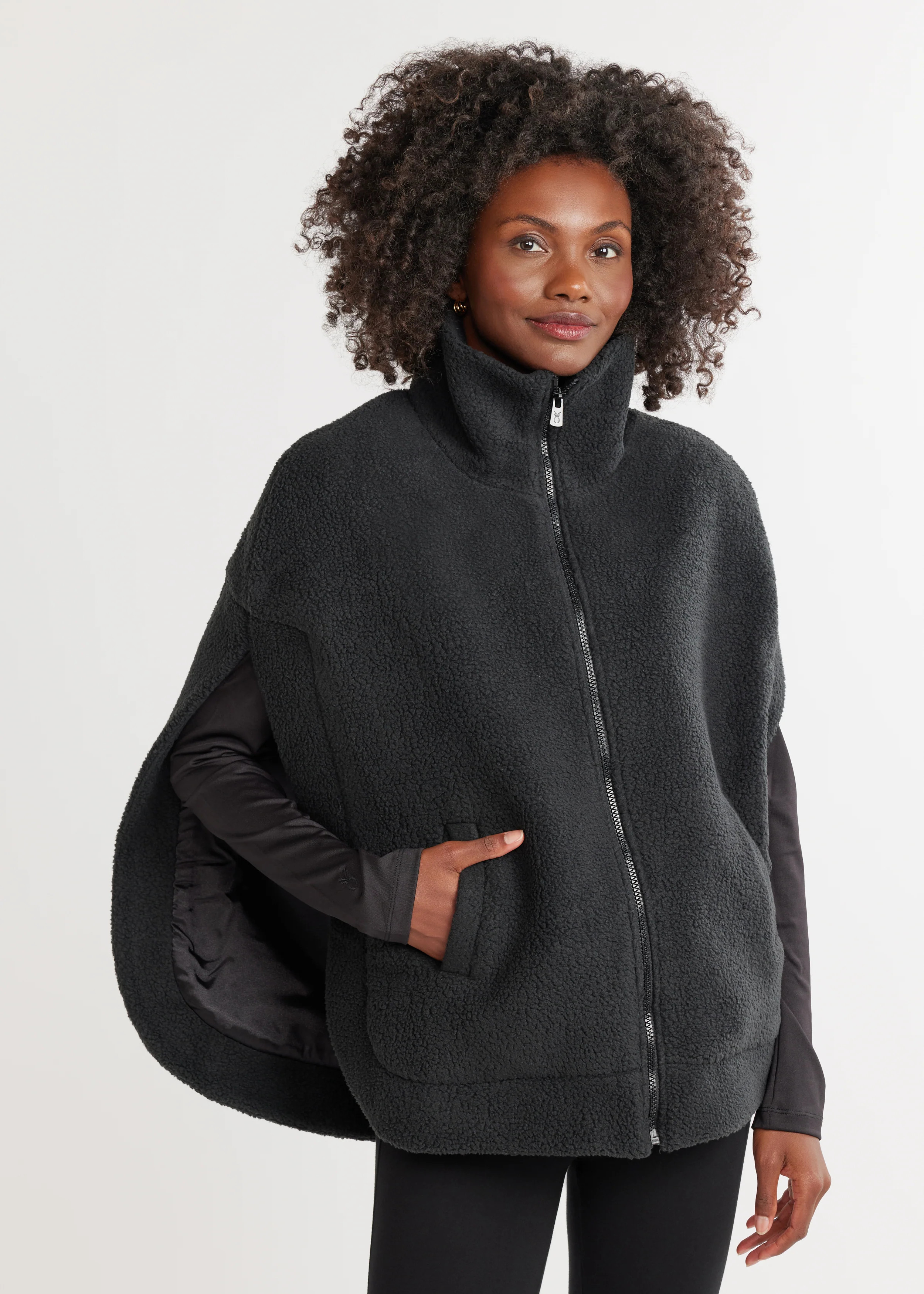 Ashford Poncho in Sherpa Fleece (Black) | Dudley Stephens