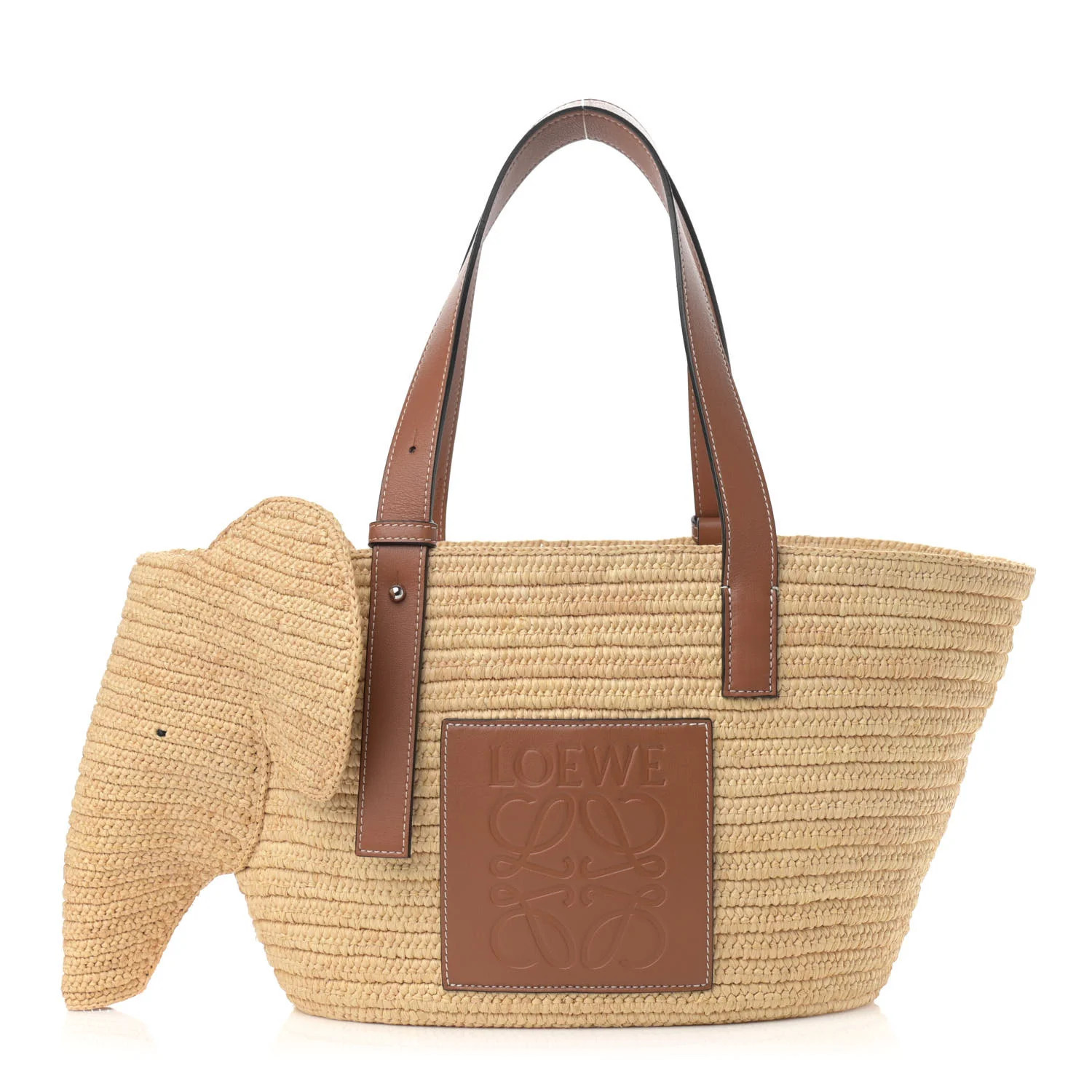 LOEWE Raffia Small Elephant Basket Tote Bag Natural Tan | FASHIONPHILE (US)