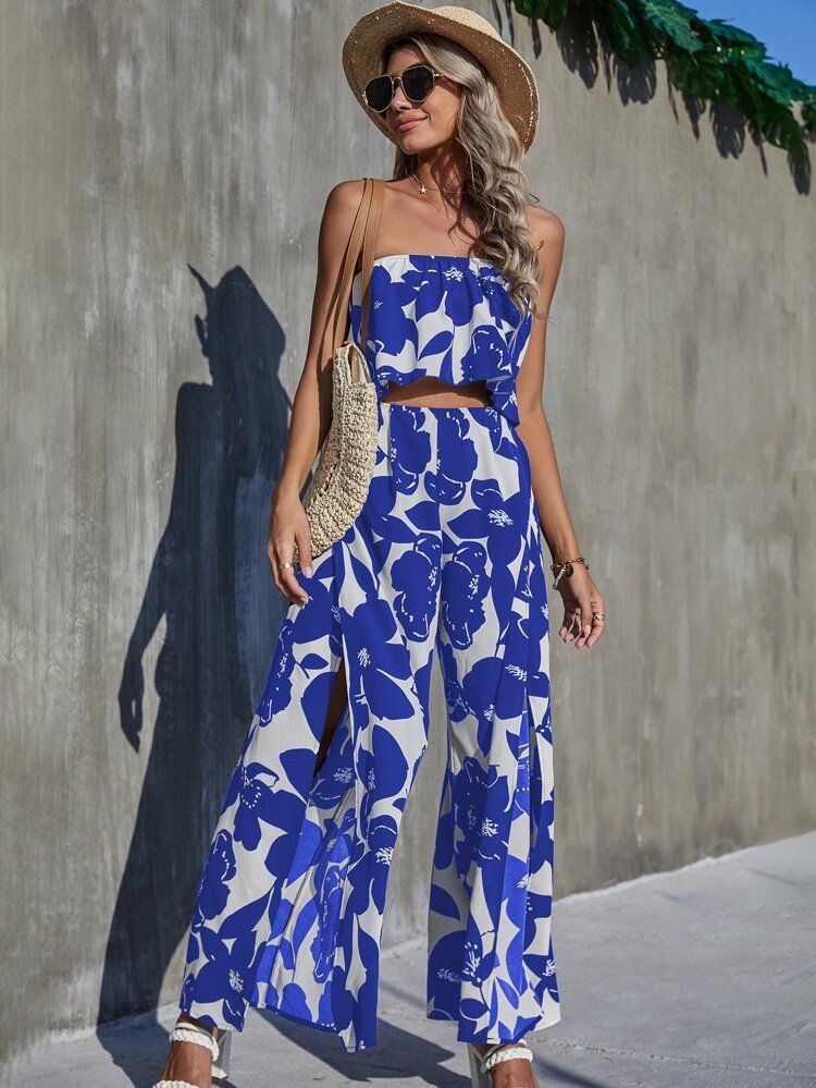 Floral Print Tube Top And Pants Set | SHEIN