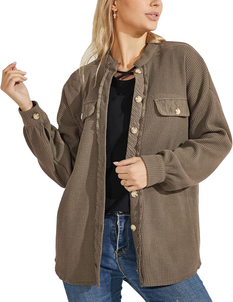 loveimgs Women's Baggy Band Collar Waffled Button Down Frayed Knit Shirt Shacket Coat Tops | Amazon (US)