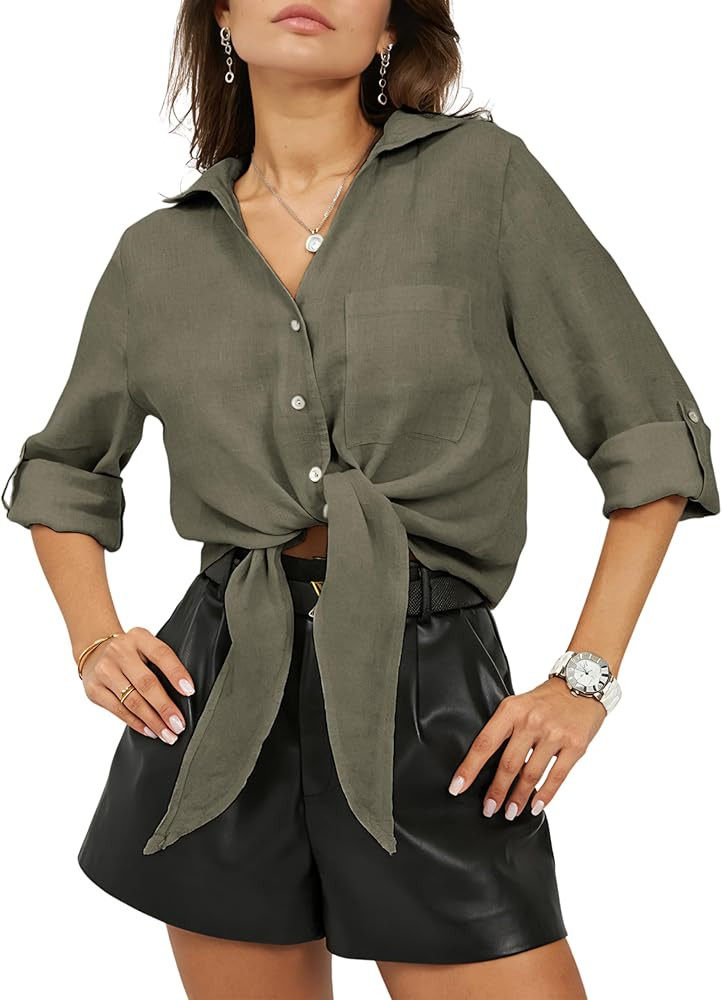 Omoone Tie Front Shirts for Women Button Down V Neck 3/4 Sleeve Loose Summer Casual Cotton Linen ... | Amazon (US)