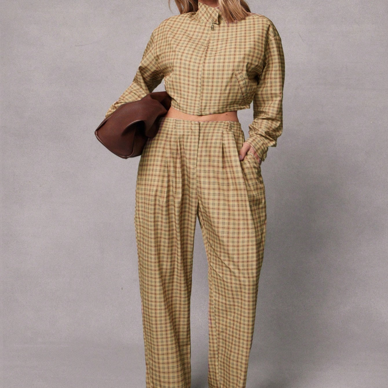 Hauture Fashionable Retro Plaid Pocket Decor Straight Leg Pants | SHEIN