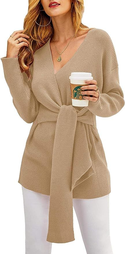 Ferbia Women Oversized Sweater Dresses Sexy V Neck Wrap Knit Pullover Fall Batwing Long Sleeve Sl... | Amazon (US)