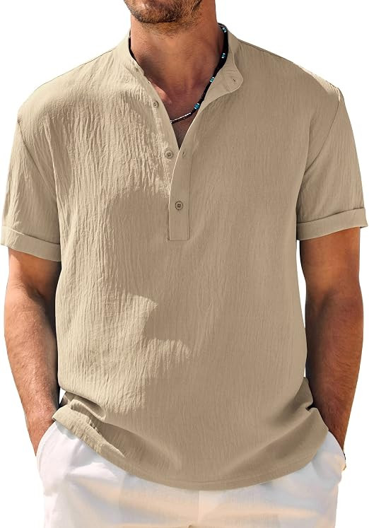 COOFANDY Men's Casual Henley Shirt Band Collar Short Sleeve Shirt Summer Beach Hippie T-Shirt | Amazon (US)