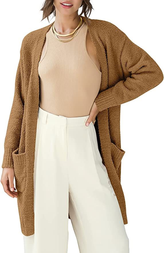 ANRABESS Women's Long Sleeve Open Front Fuzzy Cardigan Sweater with Pockets 590qianfei-M Khaki at... | Amazon (US)