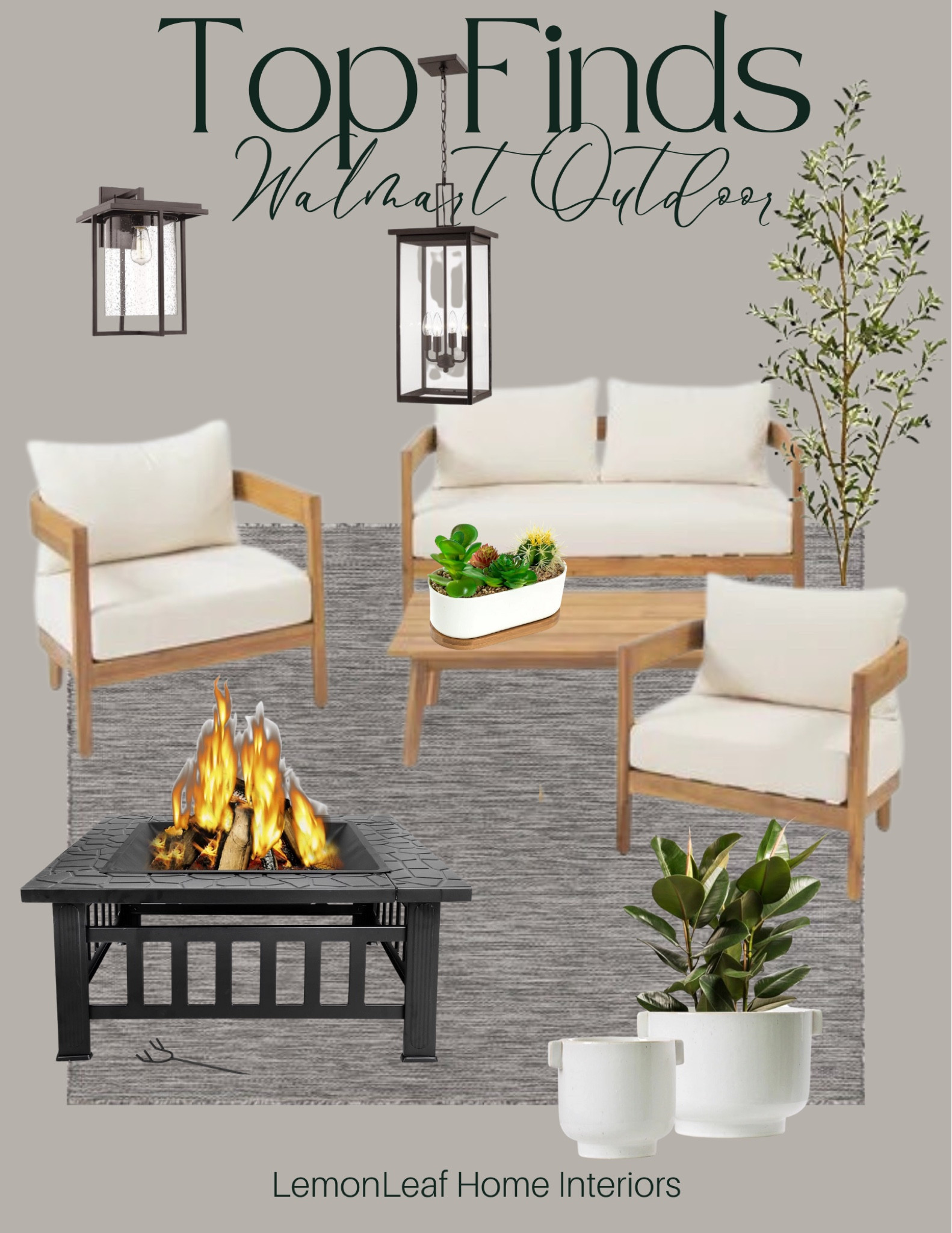 Warm wooden patio furniture from Walmart. 
Outdoor seating, outdoor fireplace, porch planters, outdoor lighting 



#LTKhome #LTKsalealert #LTKSeasonal