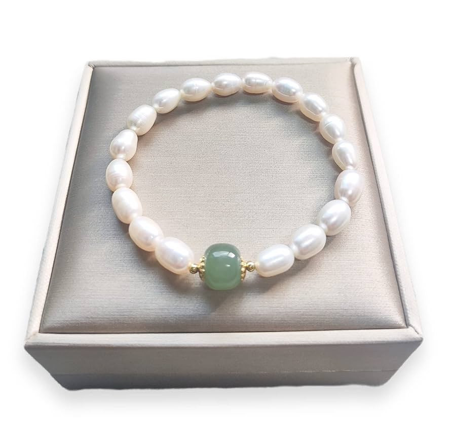 Green Jade Pearl Bracelet for Women, Natural Baroque Freshwater Pearls, 14K Gold Plated Beaded St... | Amazon (US)