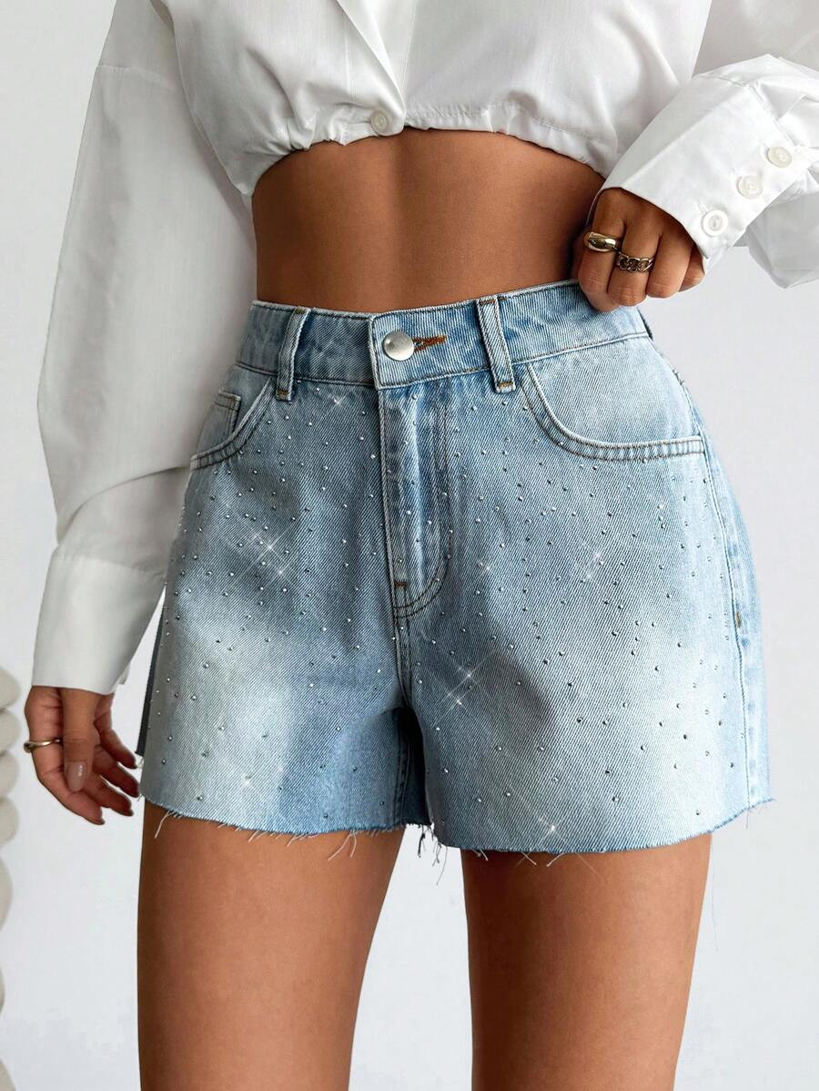 Low Waist Diamond Detailed Denim Short Work Clothes Women Women Short Outfits Summer Outfits For ... | SHEIN