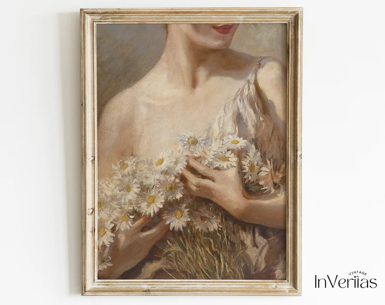 Ethereal Vintage Painting | Woman with Daisies | Dreamy Portrait Painting | PRINTABLE | No. 100 | Etsy (US)