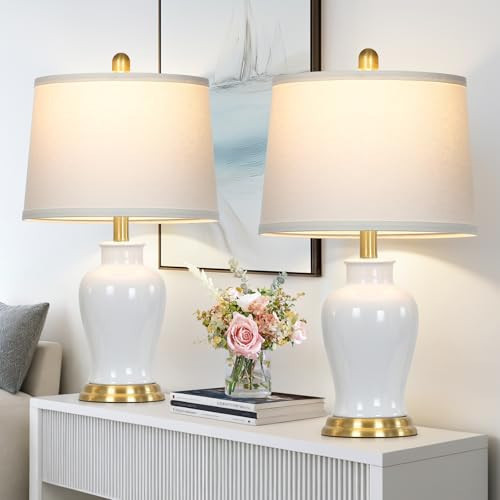 Modern Ceramic Table Lamps Set of 2, 23" White Ceramic Lamps for Living Room, Rustic Farmhouse Bedside Lamp with Ginger Jar Design, Elegant Bedroom Lamp for Nightstand Desk Side End Table Home Decor | Amazon (US)