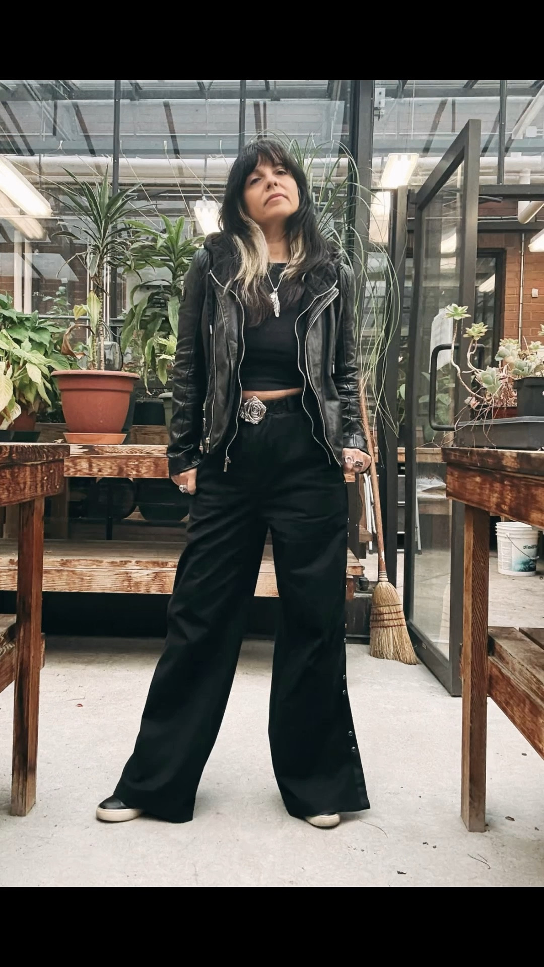 Roses & Rebels
Not your average plant mom vibe 🌱🖤 Cropped top, wide-leg snaps, and a leather jacket that could easily double as armor—rose buckle included.

#LTKstyle #EdgyOOTD #WesternRockVibes #AllBlackEverything

#LTKstyletip #LTKworkwear #LTKcanada