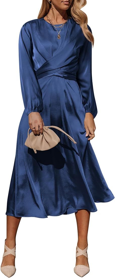 PRETTYGARDEN Women's Fall Fashion 2023 Long Sleeve Satin Dress Tie Back Casual Flowy Midi Dresses | Amazon (US)