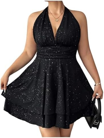 Women's Plus Size Sparkly Halter Dress Shiny Layered Open Back Party Club Short Dresses | Amazon (US)
