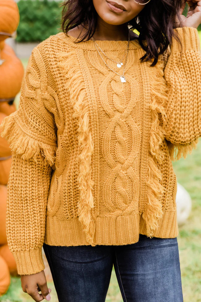 In Love With Fall Fringe Mustard Sweater SALE | The Pink Lily Boutique