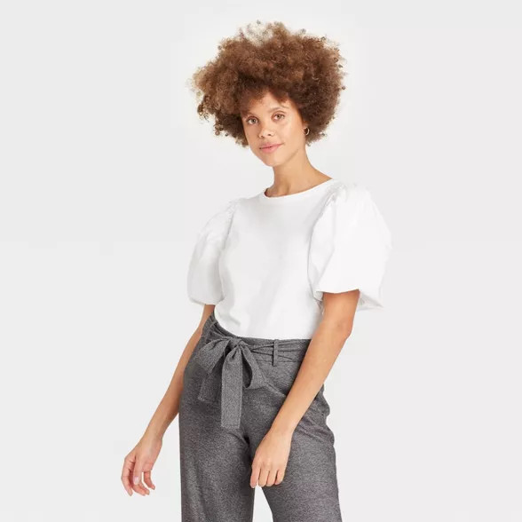 Women's Puff Short Sleeve Round Neck Mixed Media T-Shirt - A New Day™ | Target