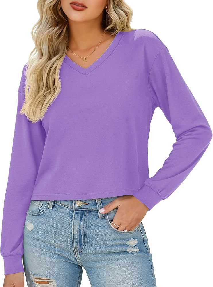YUCOLEN Womens Long Sleeve V Neck Crop Tops Casual Loose Fit Cropped T Shirts | Amazon (US)