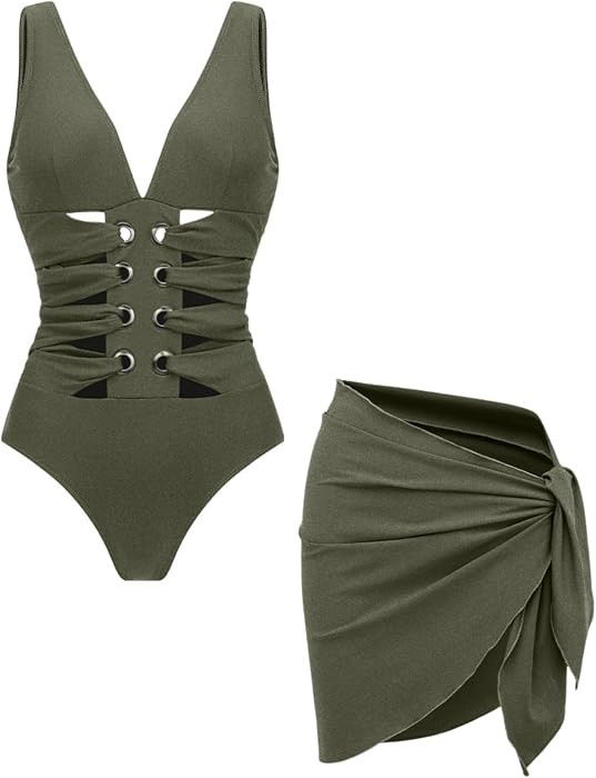 Women's Openwork V-Neck Bathing Suits Shimmering Flash Fabric Swimsuit and Sarong | Amazon (US)