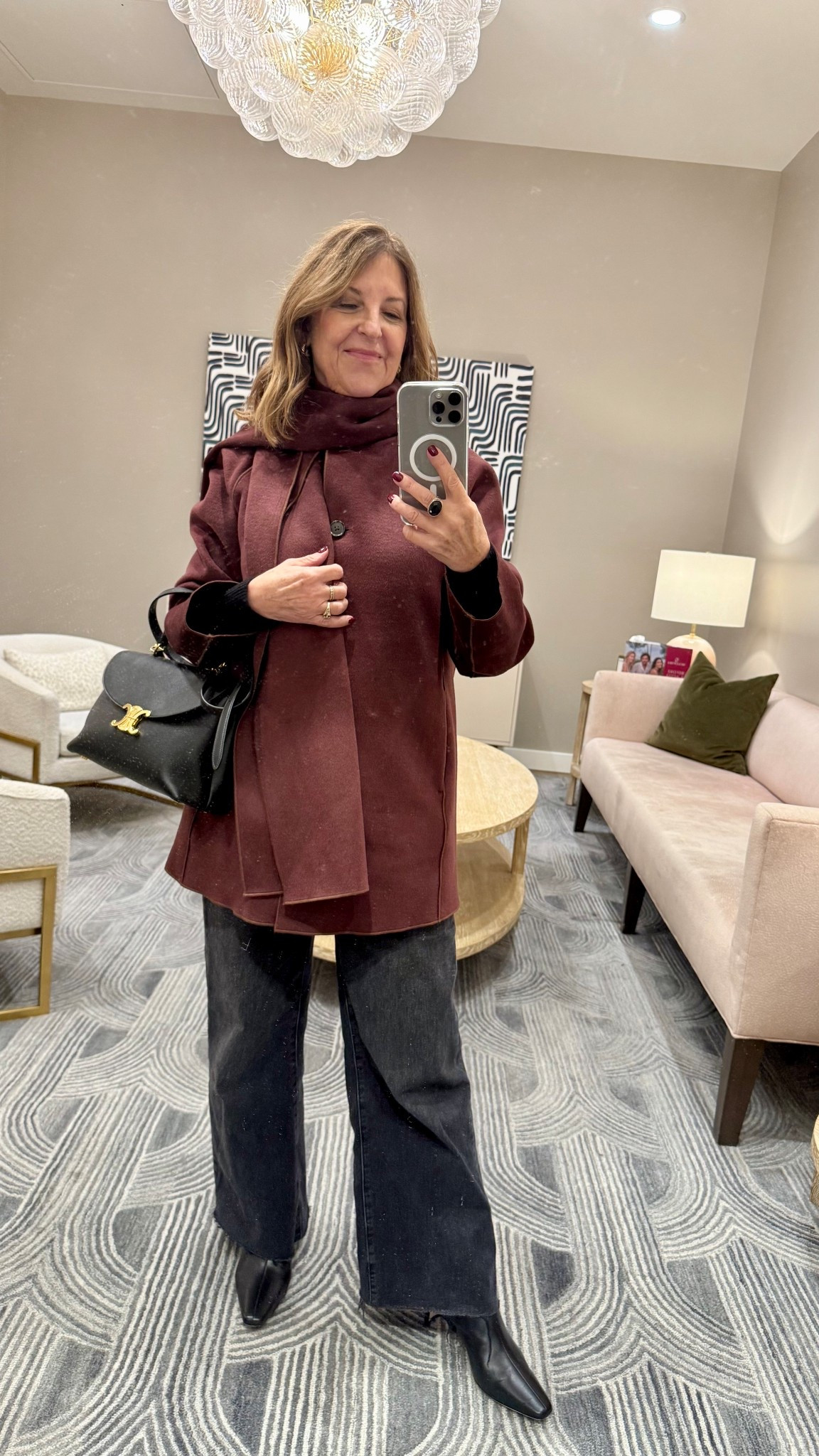 OOTD! J.Crew wrap scarf coat; layered under is a cashmere polo sweater and a Uniglo vest: Paige Anessa jeans, Staud boots, and a Celine bag. 

#LTKHoliday #LTKootd #LTKOver40