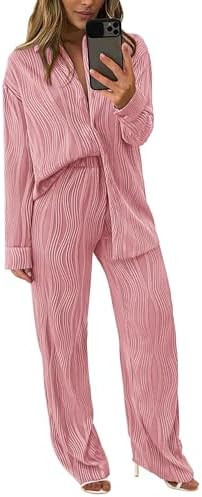 PRETTYGARDEN Women's 2 Piece Sets 2026 Fall Casual Textured Button Down Shirt Wide Leg Pants Outf... | Amazon (US)